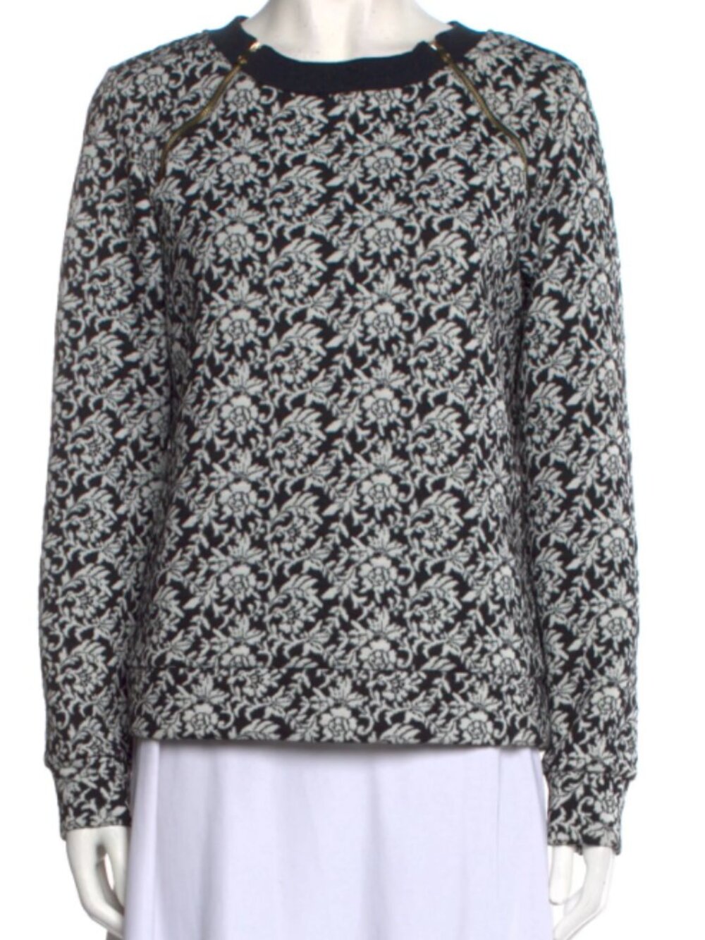 Ted Baker Black & White Floral Print Crew Neck Sweater - Size 3/L